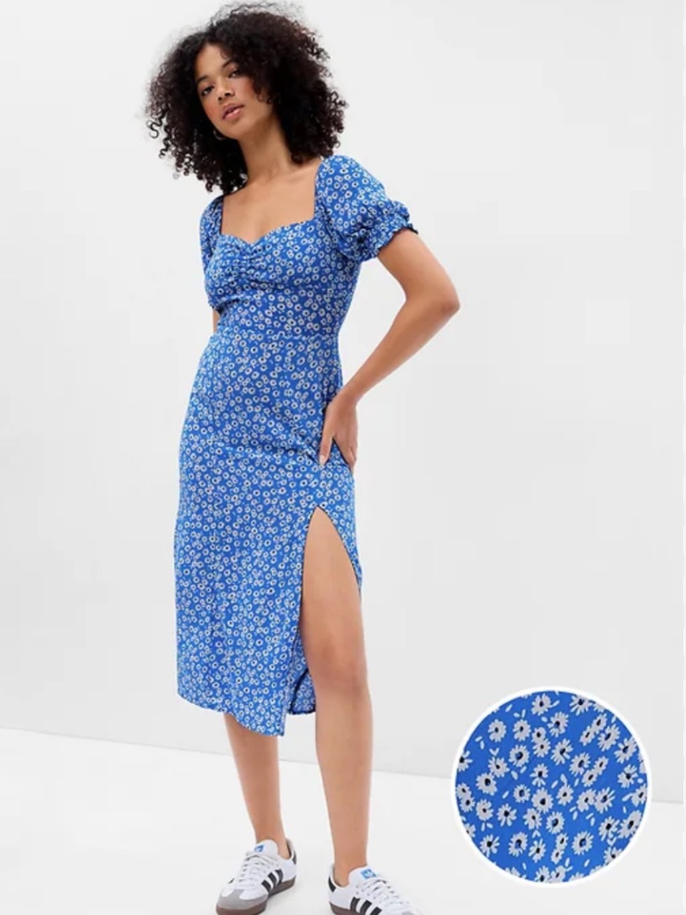 GAP Blue Floral Square-Neck Midi Dress with Puff Sleeves